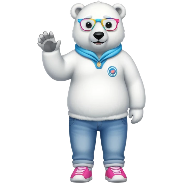 friendly anthropomorphised polar bear standing upright, looking chilled and unbothered, wearing a shirt, jeans, trainers, and spiral-shaped colorful glasses emoji