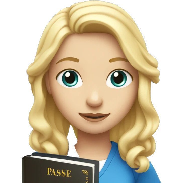 Blonde girl with blue eyes holding a passeport in her hand and sun upon her head emoji
