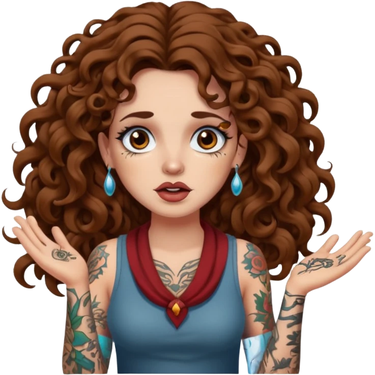 woman with long curly brown hair, brown eyes, white skin, tattoos, shrugging while reality melts like bark emoji