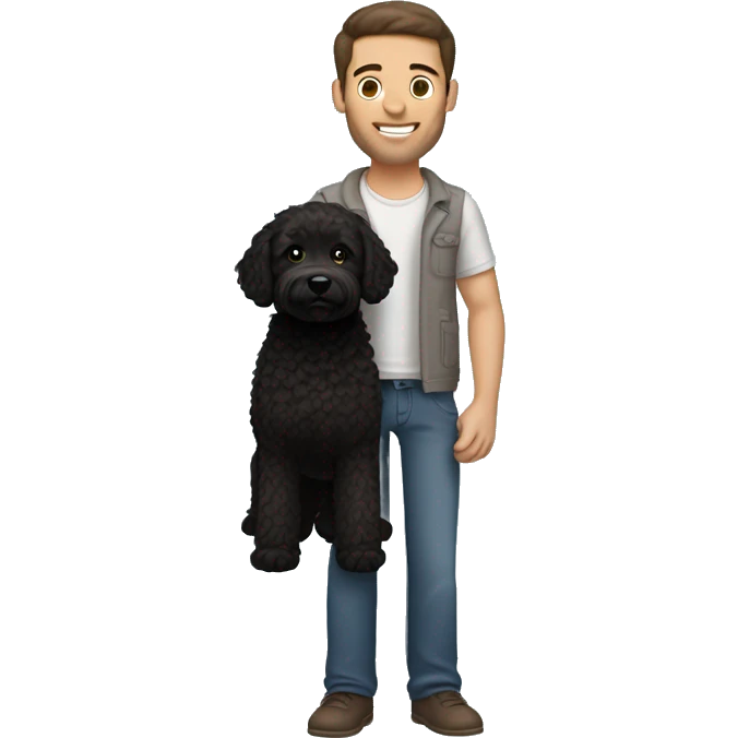clean-shaven straight-haired brunette man holding black labradoodle emoji