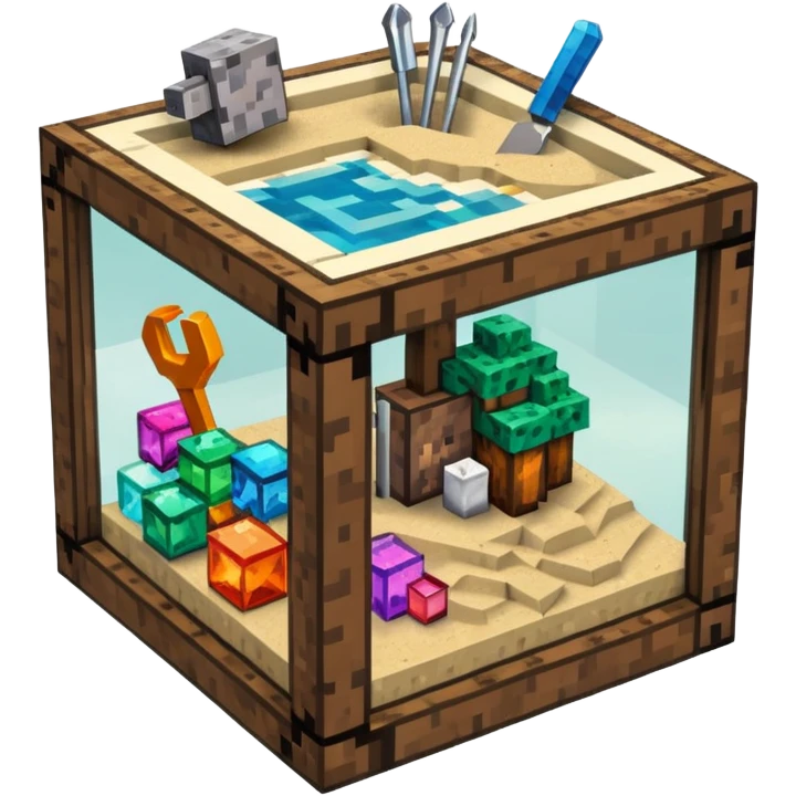 minecraft crafting tabme with tools, stone, wood, glass, sand, ... in a minecraft cube crafting table emoji