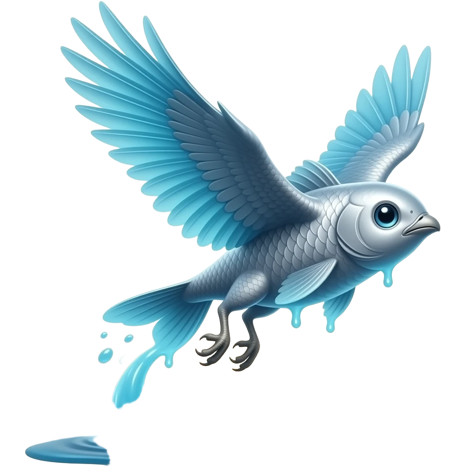 Mistfin A silver fish-bird hybrid made of blue goo that leaps above lakes at sunrise and leaves a cool mist behind it. Its wings look like translucent fins. emoji