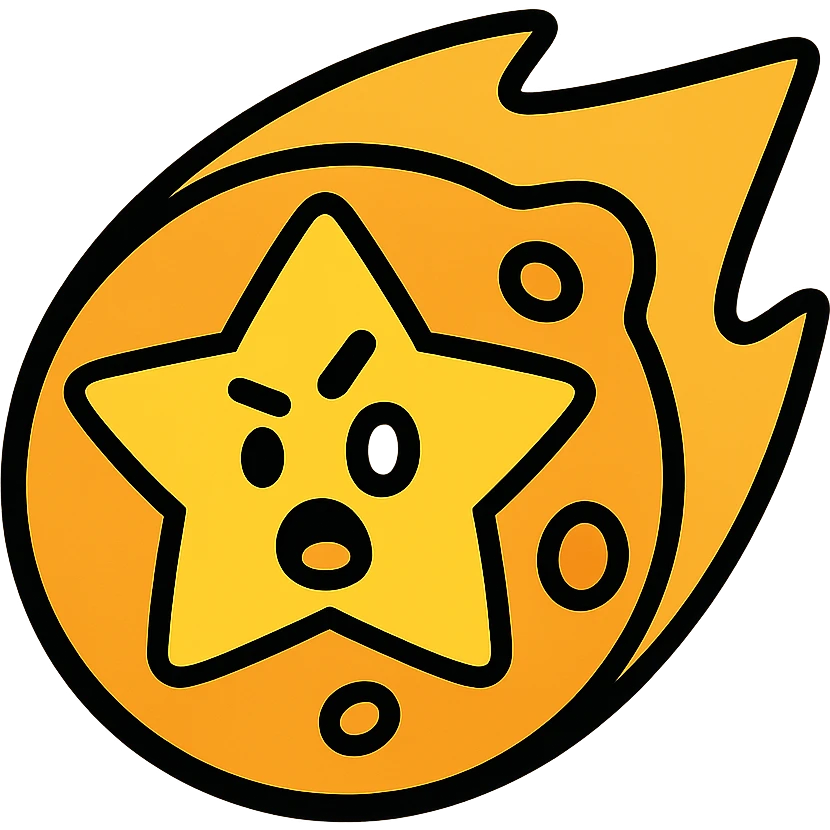 Brawl Stars pin showing a golden meteor with a star, cartoonish and expressive, bold outlines, vibrant colors emoji
