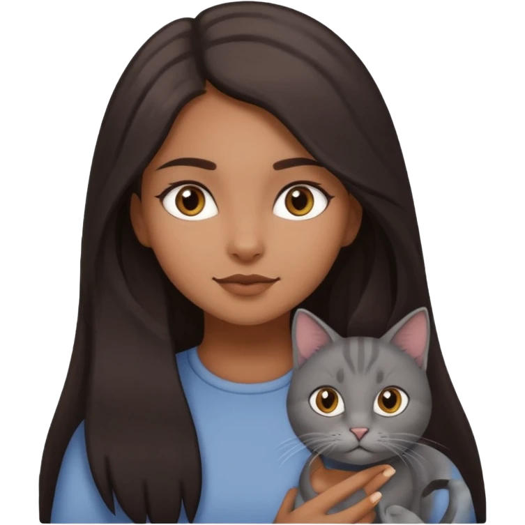 Brown girl with long dark hair with a grey cat emoji