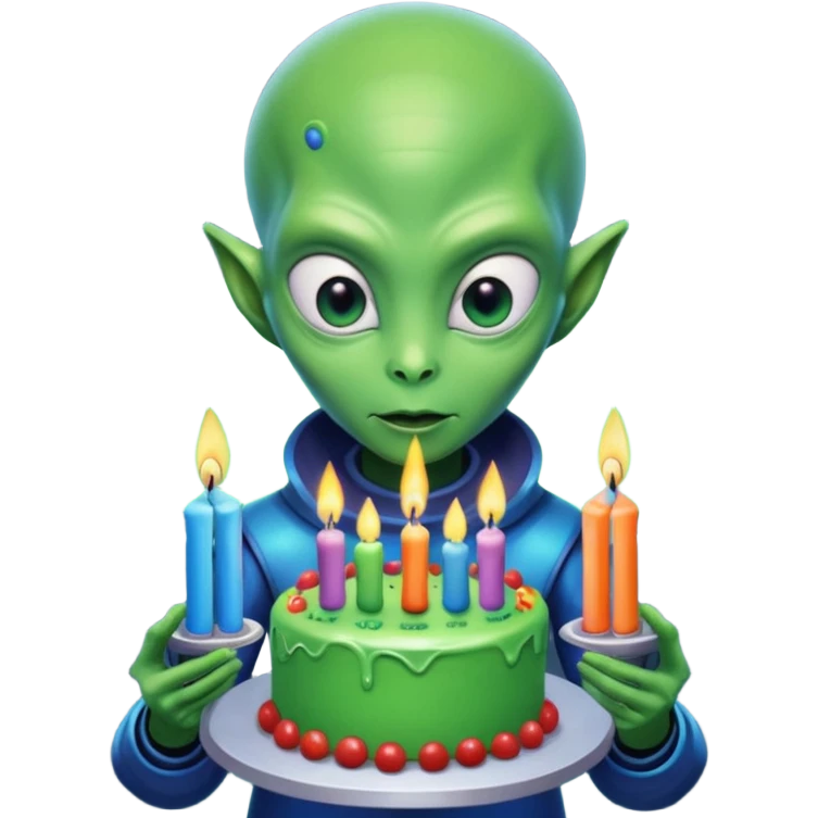 A detailed alien holding a colorful birthday cake with lit candles, standing inside a futuristic spaceship, cinematic lighting, ultra realistic textures, high resolution, dramatic shadows, sci-fi atmosphere
 emoji