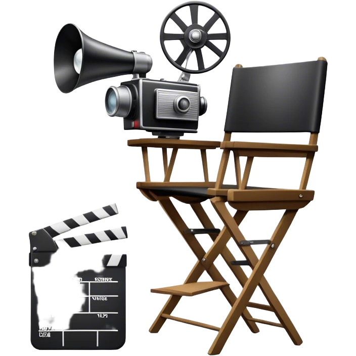 Icon for Directing: a director's chair, a film clapperboard, large movie camera, vintage megaphone and a stage with a spotlight. The icon should represent the creative and organizational aspects of directing, with focus on storytelling, staging, and performance. Transparent background. emoji