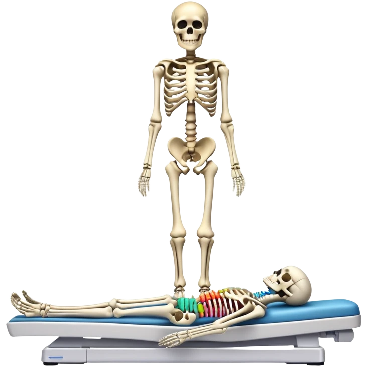 Medical DEXA scan showing bone density measurement, with skeleton visible and colored areas showing density levels emoji