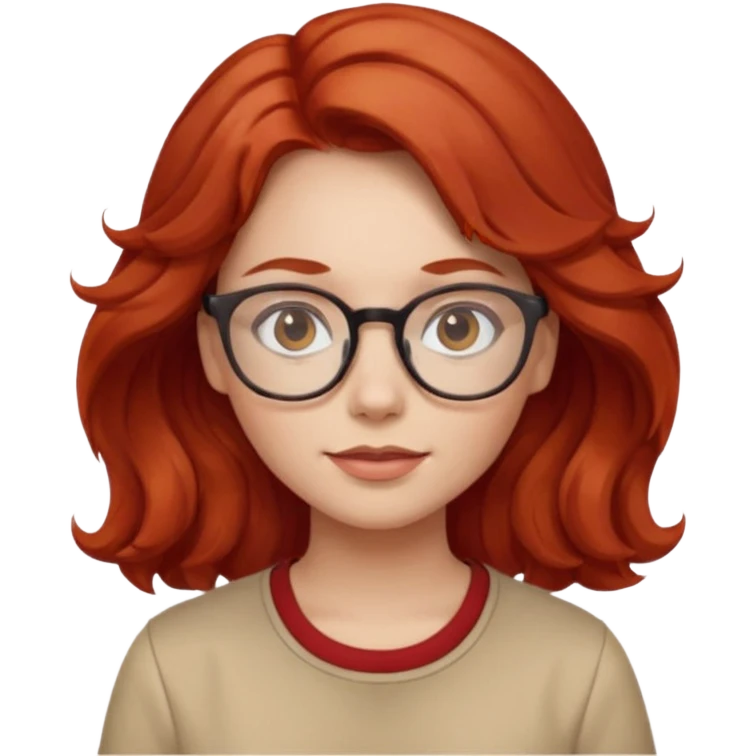 girl wear glasses, wavy red hair, beige shirt emoji