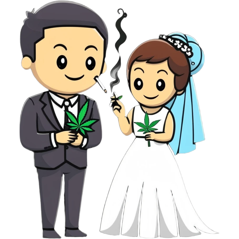 Full body view of person in fancy clothes sneaking into a wedding ceremony with a mischievous grin, uninvited guest, smoking cannabis emoji