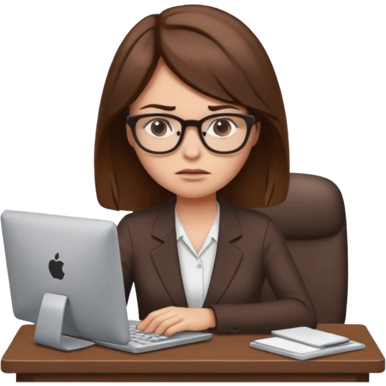Uma mulher de cabelo castanho que é professora e um pouco brava a trabalhar no computador emoji