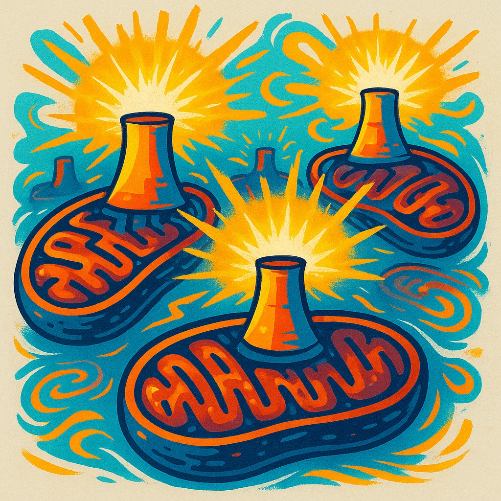 stylized mitochondria as nuclear power plants, visibly radiating energy, updated DALL·E 3 style, vibrant colors, no foreign organs or objects, neutral background emoji