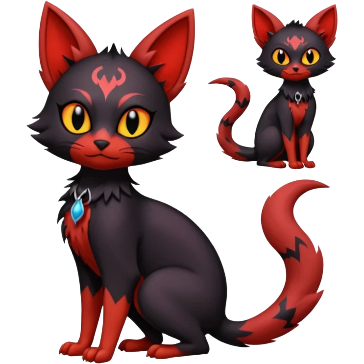 Vampiric Batty Black and Sanguine-red Noibat-Litten-Torracat-Lykoi-hybrid-fusion (full body) emoji