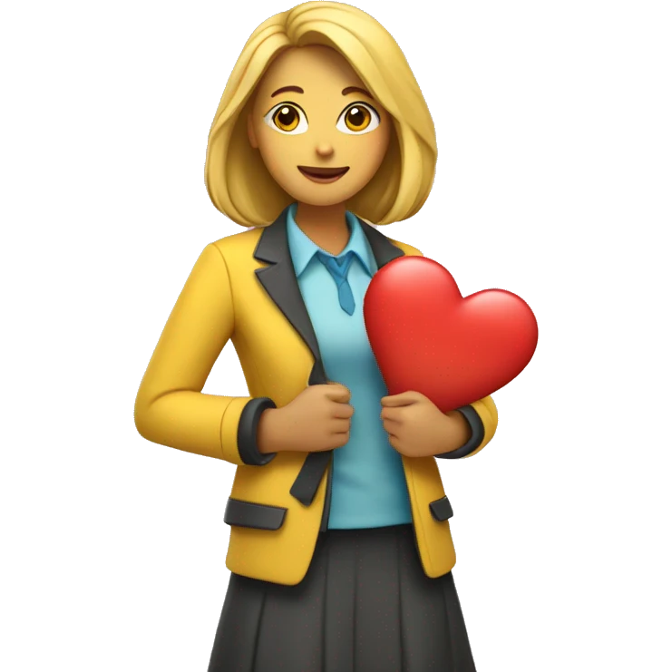 A female teacher in a yellow jacket holds a heart in her hands emoji