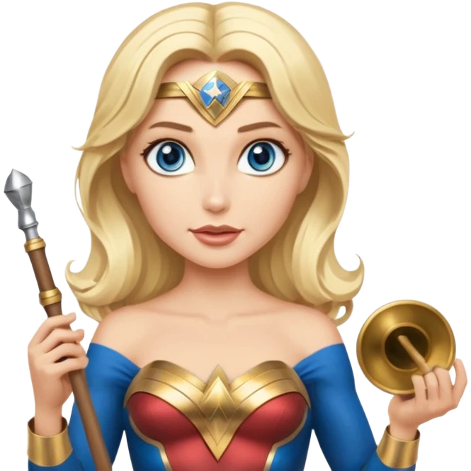 Blonde blue eyed Wonder Woman holding white orchestra conductor’s baton and bell  emoji