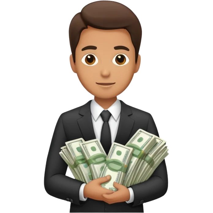Мужчина в деловом костюме с кучей денег emoji