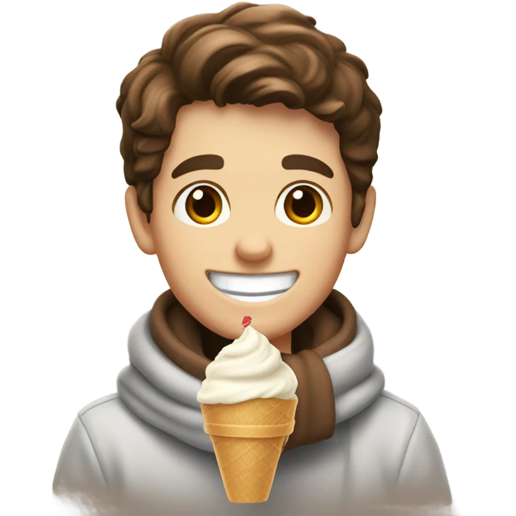 White boy so hungry he’s eating ice cream with his brown hair, brown eyes, big smile, and a scarf emoji