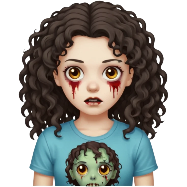 zombie girl with curly hair n brown eyes, dark and long hair 3a with wavy scalp, just a tshirt Ok but less curls and hair under te shoulder emoji