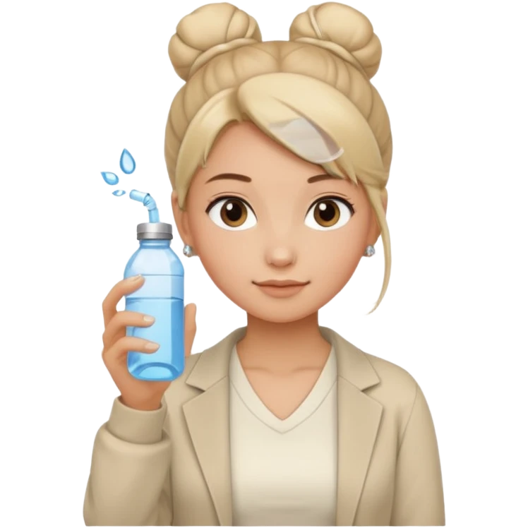 clean girl aesthetic emoji, holding a water bottle, fresh face, tidy bun, simple jewelry, beige and white colors emoji