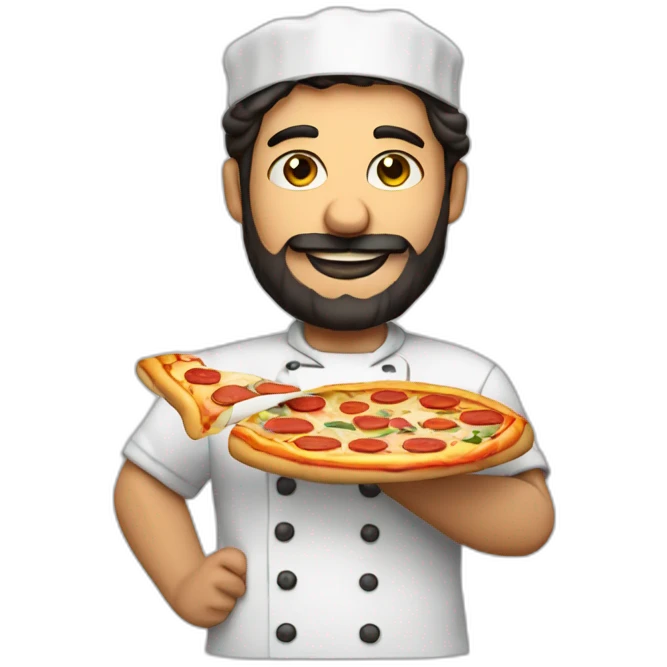 Pizza chef with dark hair and beard, holding a Pizza emoji