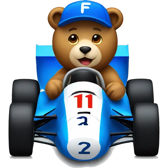 Please make an emoji of a bear driving an F1 race car with a blue baseball cap emoji