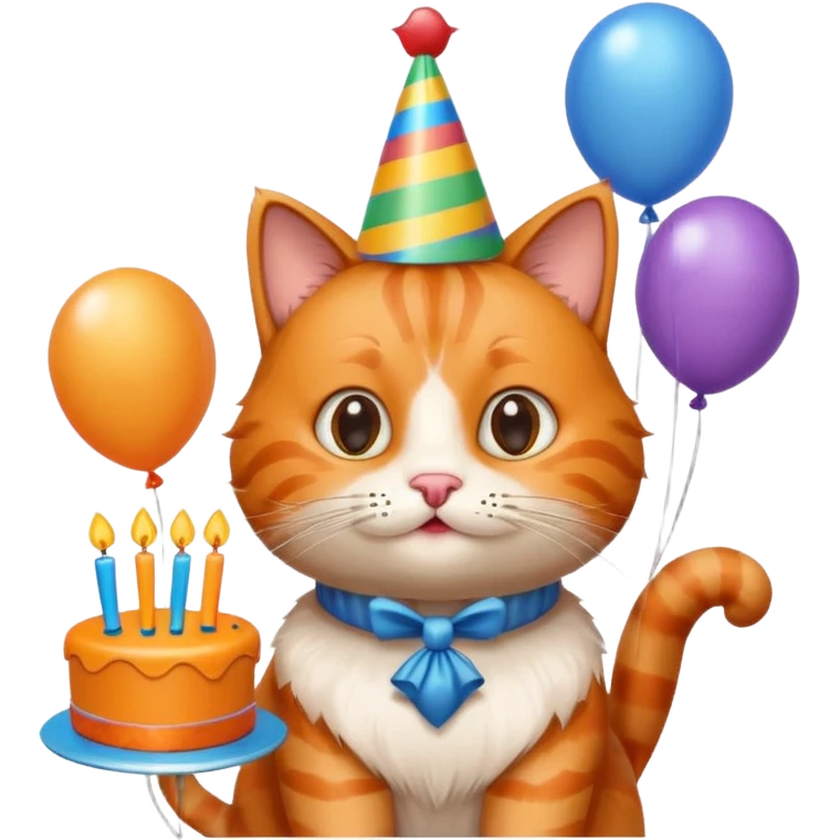 has al gatito tom de la caricaturacon globos, un cono de fiesta y un pastel emoji
