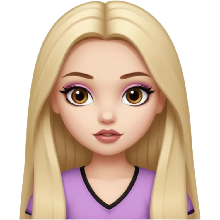 pale skin, girly bratz baddie, beautiful dark brown eyes, pretty makeup, long dark blonde straight hair emoji