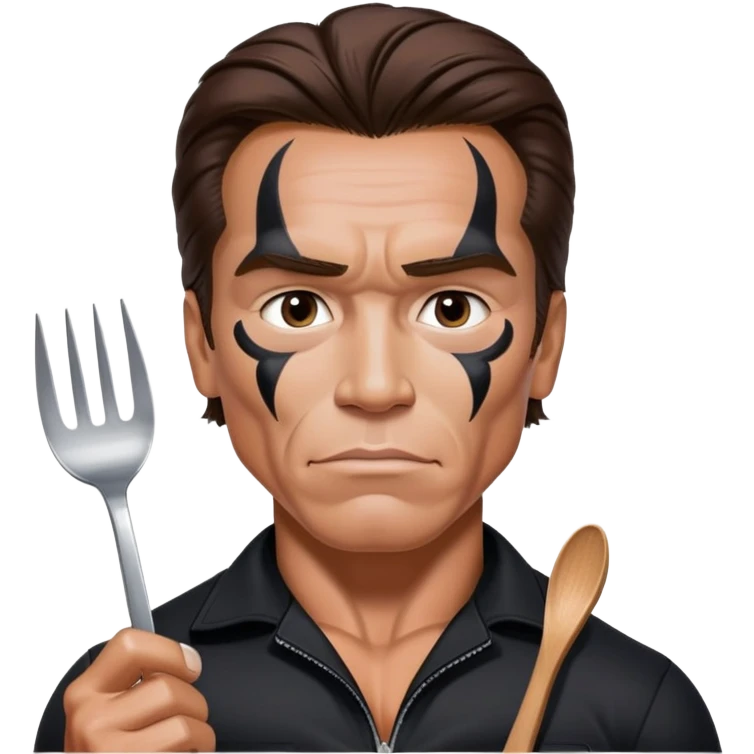 Young Arnold Schwarzenegger from the Commando poster wearing black with war make up on ready to fight with fork and spoon seen above chest  emoji