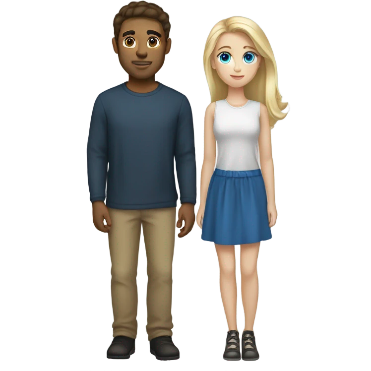A blonde haired girl with her boyfriend who has dark brown colored hair. They both have blue eyes  emoji