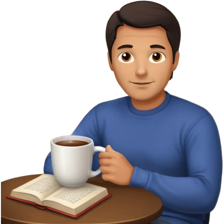 Handsome 45 year old man with dark hair sitting by a fireplace with a hot drink and a book. emoji