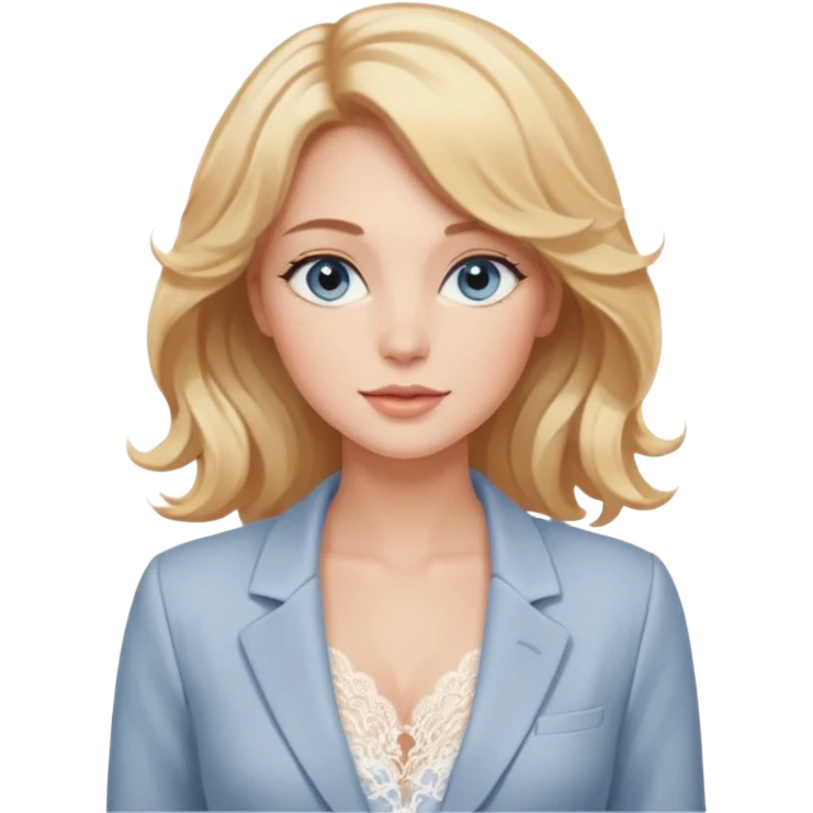 Sticker pack featuring a gentle woman with fair skin, wavy honey-blonde hair, and calm gray-blue eyes. She wears blush lace lingerie and a white blazer, radiating soft confidence and warmth. The style is elegant, minimalistic, and expressive — ideal for romantic, cozy, and tender sticker moods. emoji