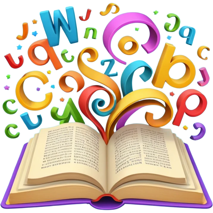 Open book with playful letters swirling out, symbolizing creative wordplay emoji
