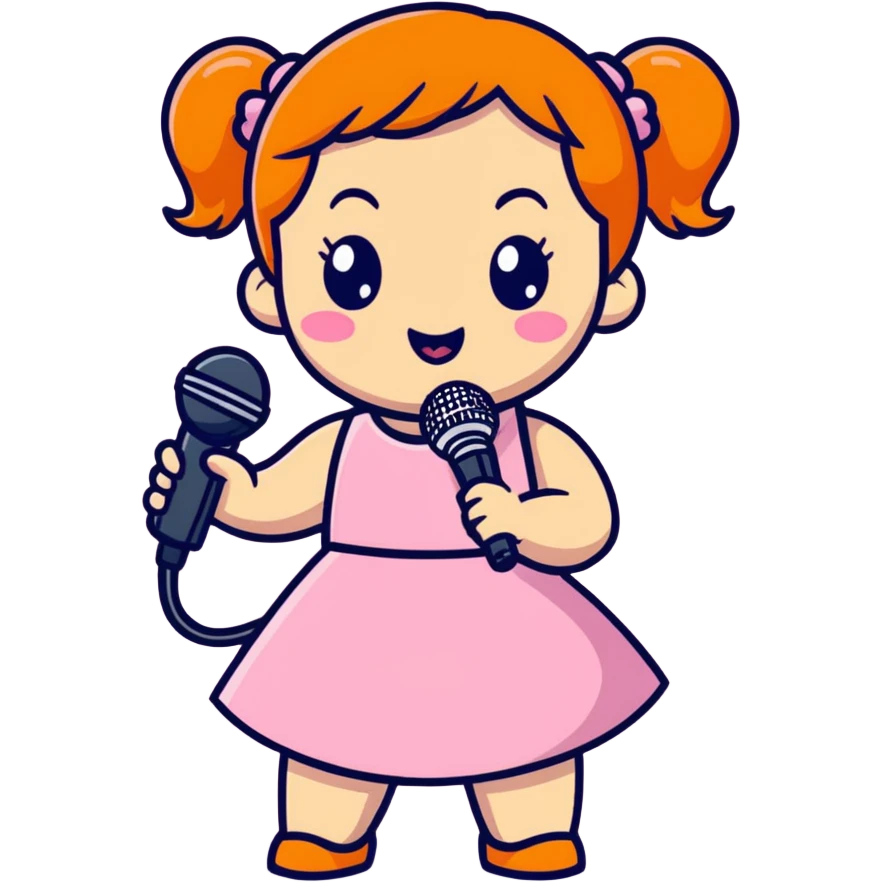 cute, energetic cartoon performer - orange pigtails, pink dress, microphone in hand, and a big "I'm about to rock this stage" pose. emoji