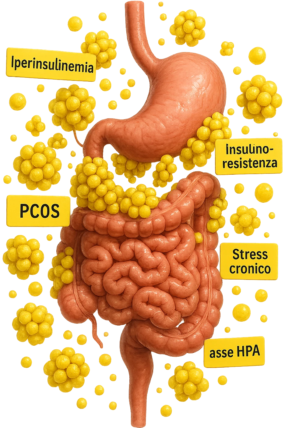 STOMACO E INTESTINO SONO VERTICALMENTE COLLEGATI E INTORNO A QUESTI ORGANI CI SONO CELLULE DI GRASSO GIALLE ATTACCATE SOPRA A GRAPPOLI, intorno fluttuano cellule di grasso giallo e alcune targhette con queste parole "Iperinsulinemia", "insulino-resistenza", "PCOS", "Stress cronico", "asse HPA", IPERREALISTICO 4K emoji