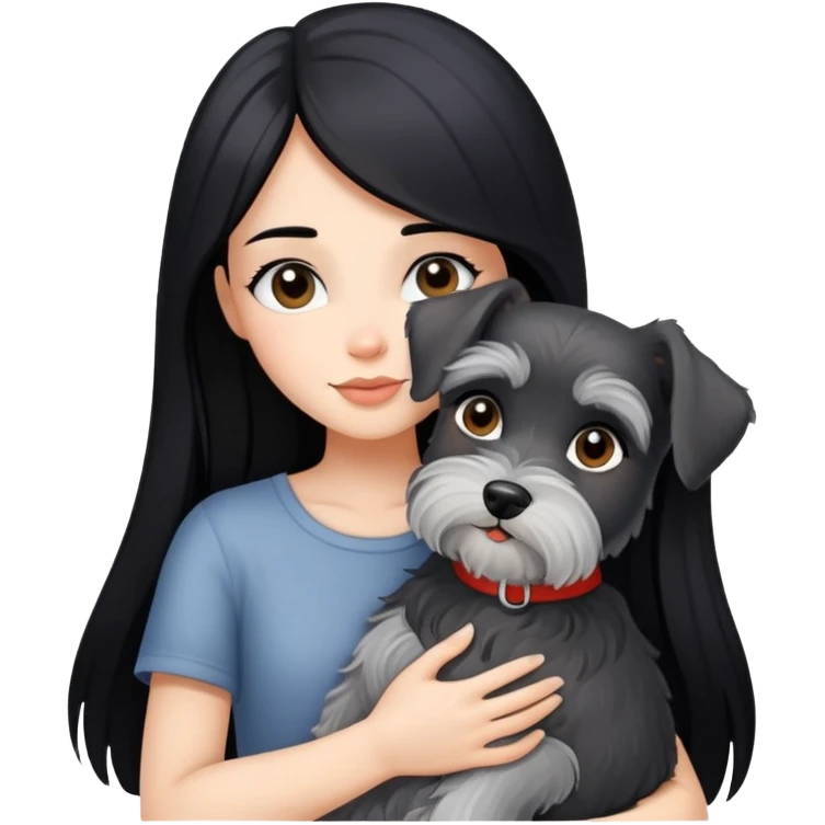 A beautiful girl with long black hair hugs a little schnauzer emoji