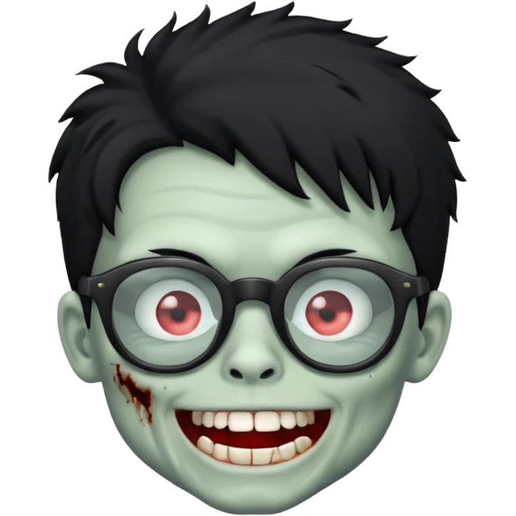 Zombie boy with fluffy hair wearing glasses while showing his white teeth emoji