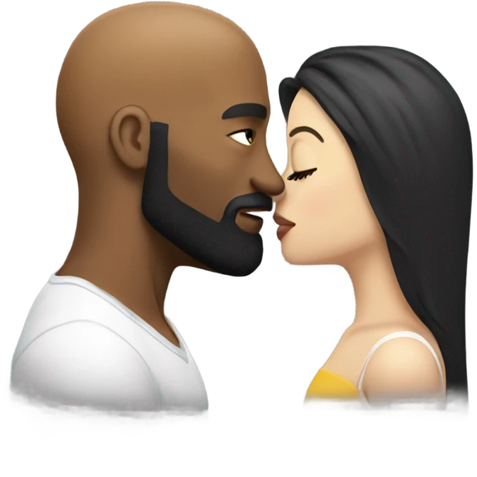 White brunette kissing muscular black bald man with beard emoji
