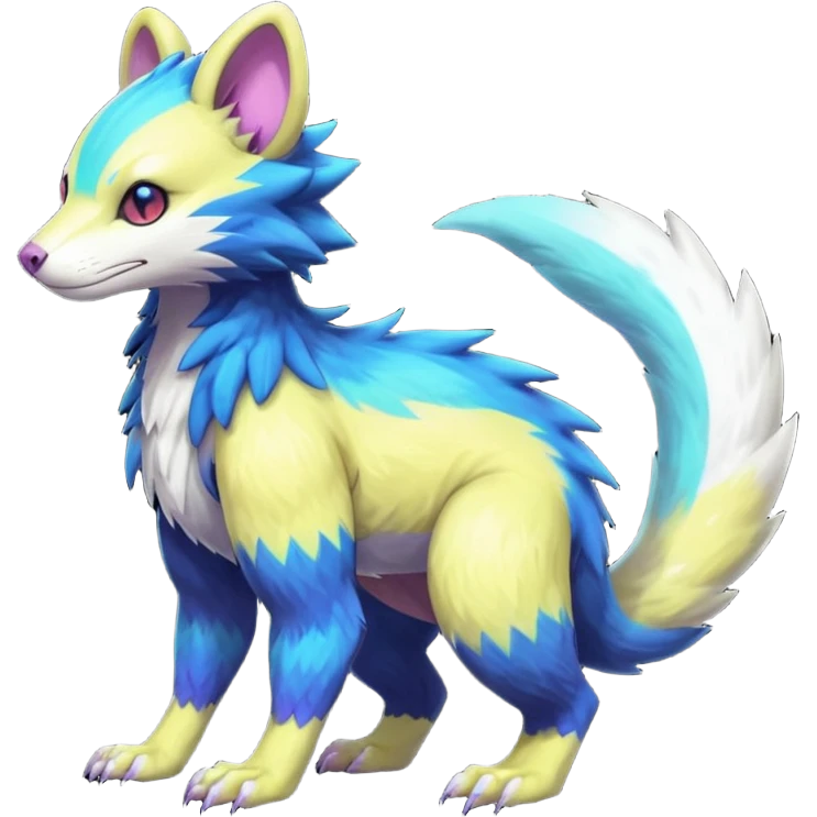 Colorfull translucent luminescent neon-glowing Trico-Sergal-Furret-Ferret-Wolverine-Vernid-furry-fursona-fusion-Fakemon-animal-hybrid-creature, full body emoji
