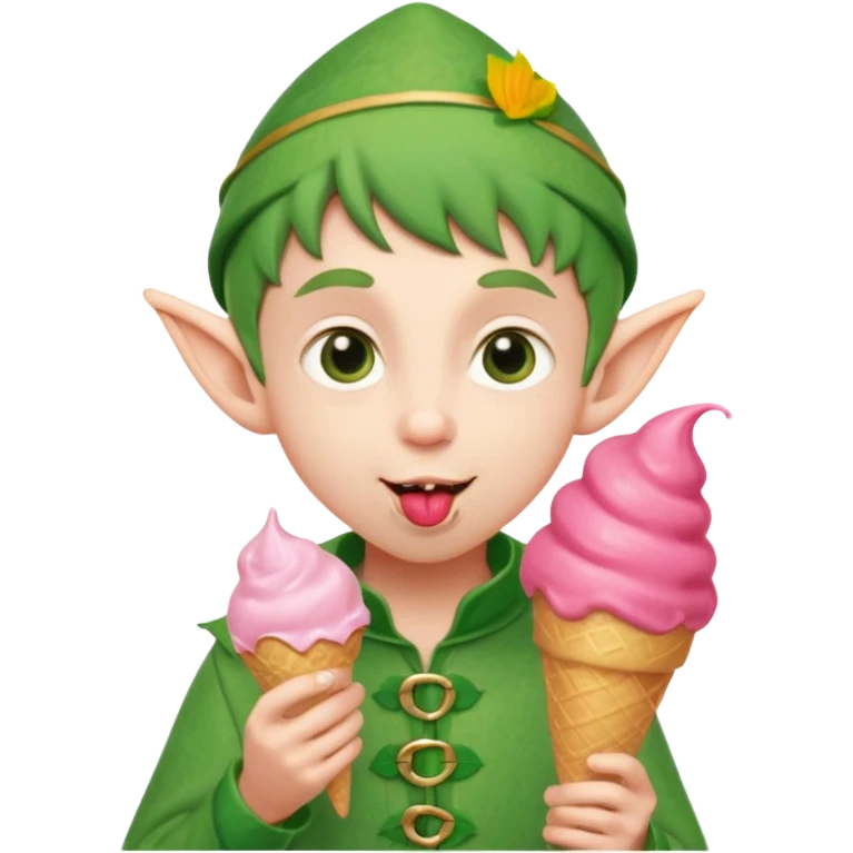 
A young elf boy in leafy clothes licking a triple-scoop ice cream with wide eyes.
baby elf with strawberry ice cream




 emoji