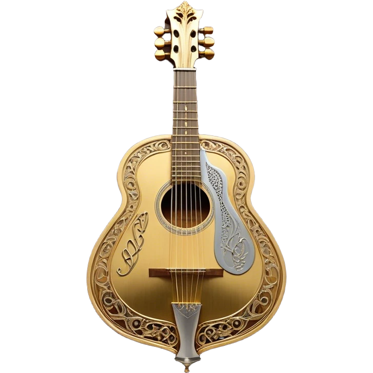 Create a complex, ceremonial, and professional emoji resembling a coat of arms, symbolizing plucked string instruments. The design should feature a combination of elements such as the necks and fretboards of various plucked string instruments like guitars, harps, and mandolins. The strings should be clearly visible, and the frets should be detailed. Intertwining with the instruments, there should be a flowing ribbon of musical notes, curving elegantly around the instruments and connecting them. The colors should include golden metallic tones, warm wood finishes, and silver accents to emphasize the professional and festive nature of the design. The background should be regal, using subtle textures or patterns to give a sense of grandeur, while keeping the instruments and notes as the focal point. The design should evoke a sense of celebration and sophistication, reflecting the rich tradition of plucked string instruments. emoji