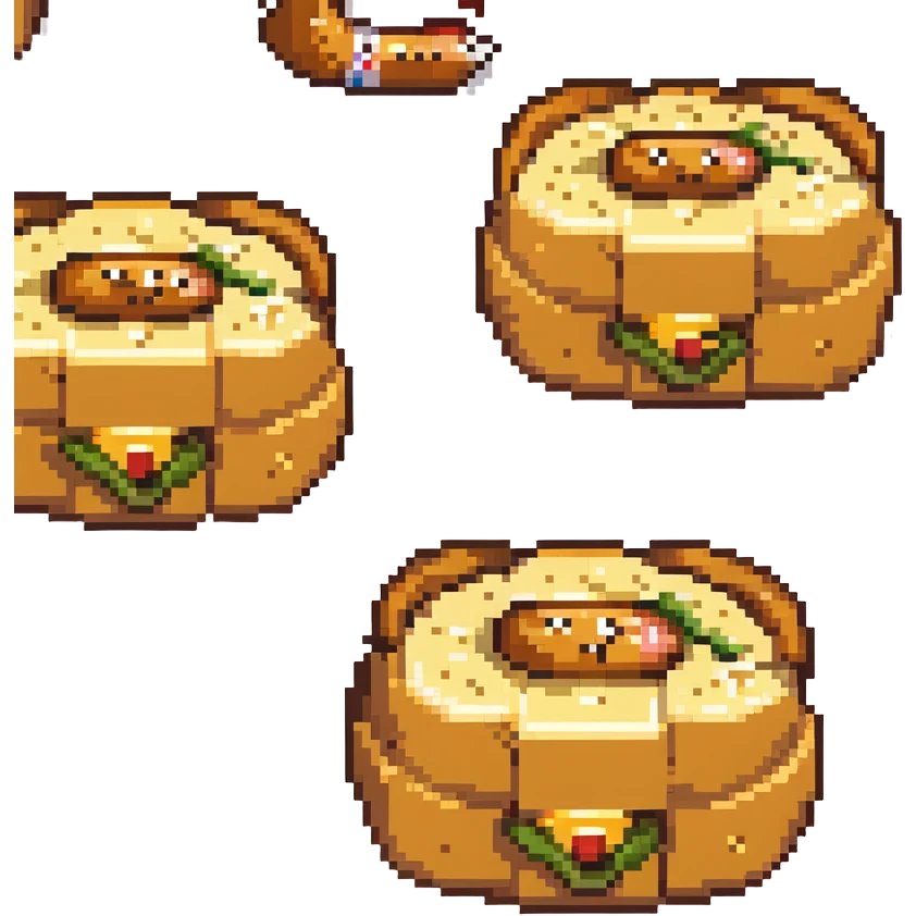 pixel art of a cartoon sausage inside a chipa Paraguayan cheese bread, playful and humorous emoji