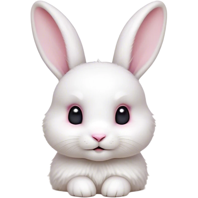 Cinematic Cute White Rabbit Portrait Emoji, Head tilted playfully and inquisitively, featuring a luxurious, silky white fur with soft, twitching ears, round, sparkling dark eyes filled with curiosity, Simplified yet irresistibly adorable features, highly detailed, glowing with a warm, friendly glow, high shine, affectionate and lively, stylized with a touch of whimsy, bright and endearing, soft glowing outline, capturing the essence of a mischievous yet loving bunny, so playful it feels like it could hop out of the screen and into your arms! emoji