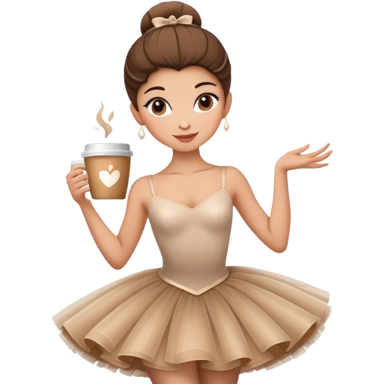 Elegant ballerina in a cappuccino-colored tutu, posing gracefully with a coffee cup emoji
