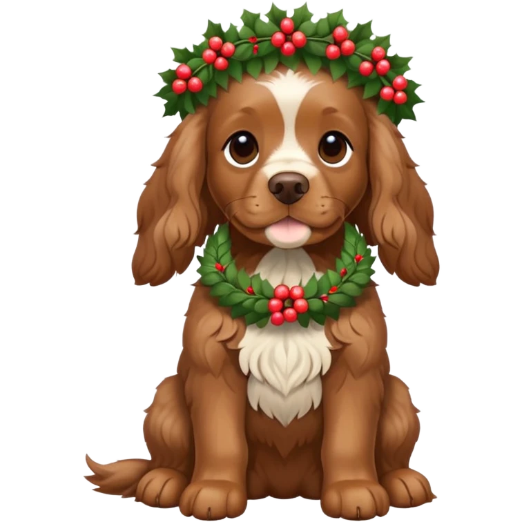 Full body shot of brown cocker spaniel sitting happily with a wreath on his head emoji