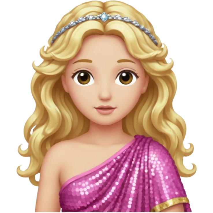 Aphrodite from Greek Gods with long blonde wavy hair, pink sequin toga emoji