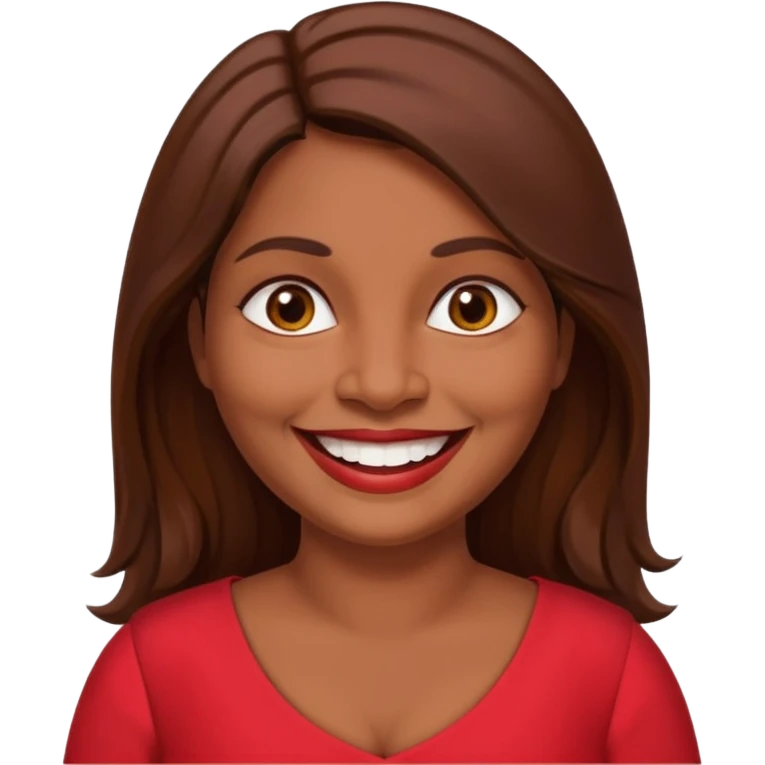 50 yr old chubby Sri Lankan woman, dark skin, straight brown hair, big smile, white teeth, red dress clothes, longer hair emoji