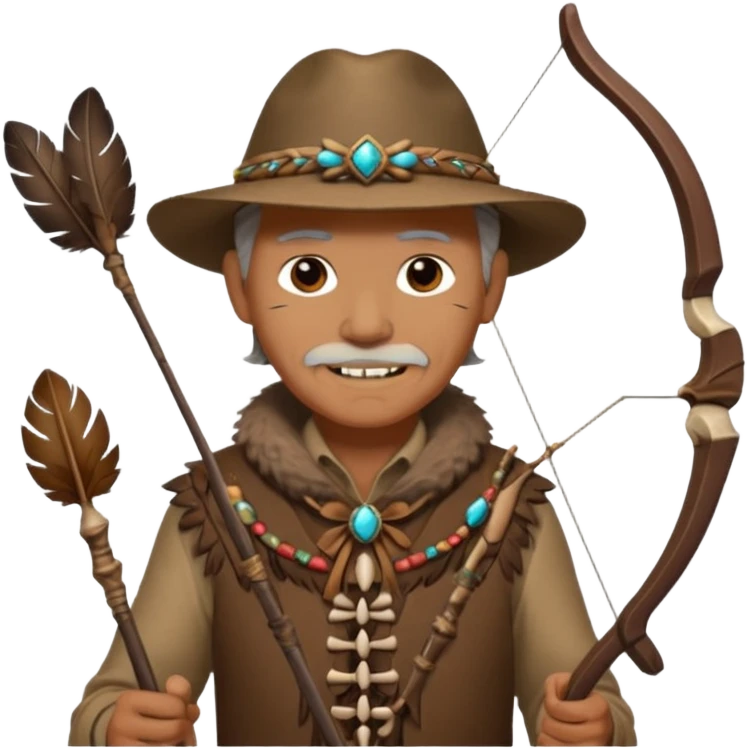 The classic image of a middle-aged uncle hunter carrying a bow, dressed in brown clothes, with some ornaments made of feathers, bones or teeth on his body. emoji