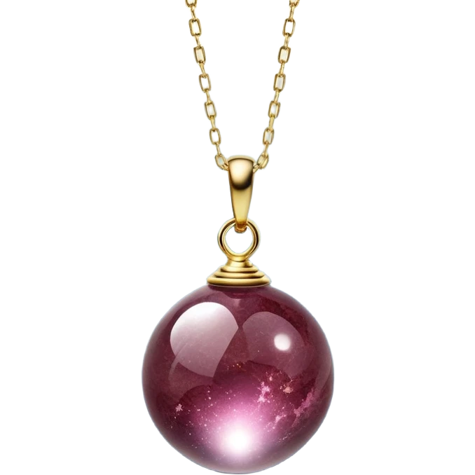 A polished round ball wine granite pendant suspended from a delicate gold chain, like a drop of enchanted starlight, glowing with the warmth of passion and the quiet power of transformation ethereal floating magical moving emoji