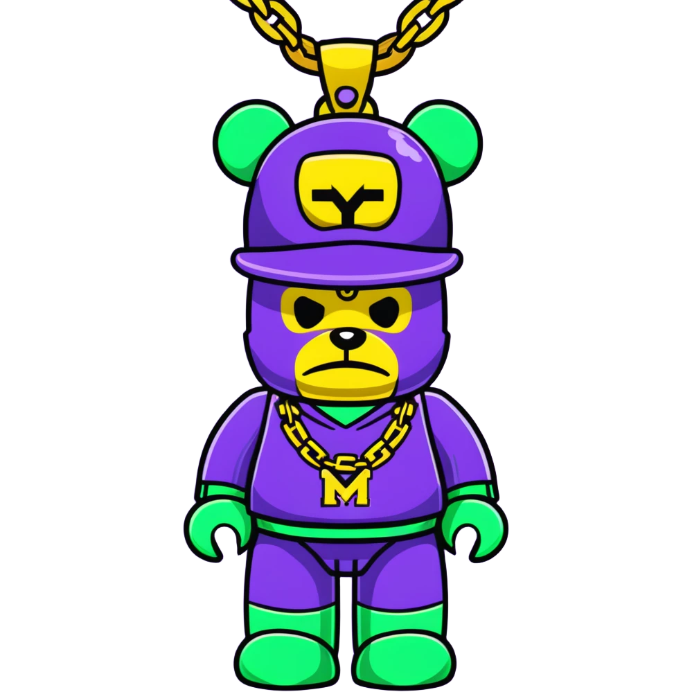 classic bearbrick figure with lime green mask covered in chaotic brand logos, wearing several large gold chains, gold pendant, rapper style accessories, expressive eyebrows emoji