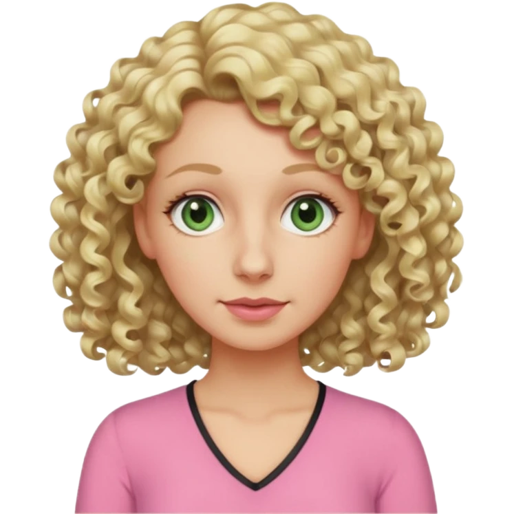 a woman in her late 40s and has greyish greenish eyes and blonde curly hair wearing a pink top  triangle nose emoji