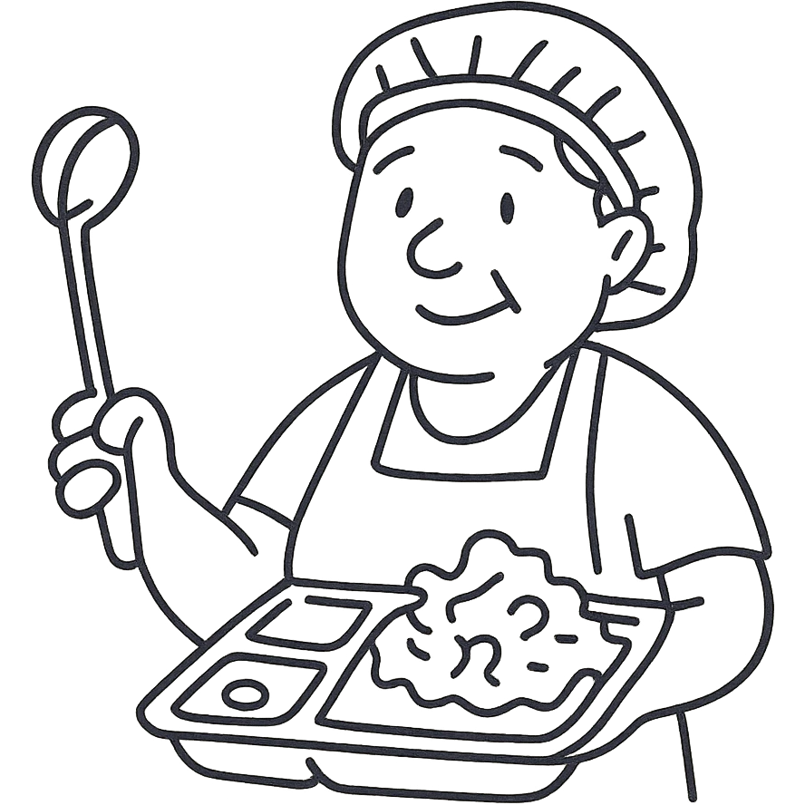 hand-drawn outlined icon of a lunch lady holding a ladle and a tray of gross food emoji